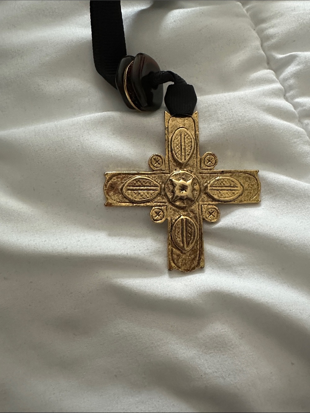Express Gold-Tone Ornate Cross Pendant Necklace with Black ribbon